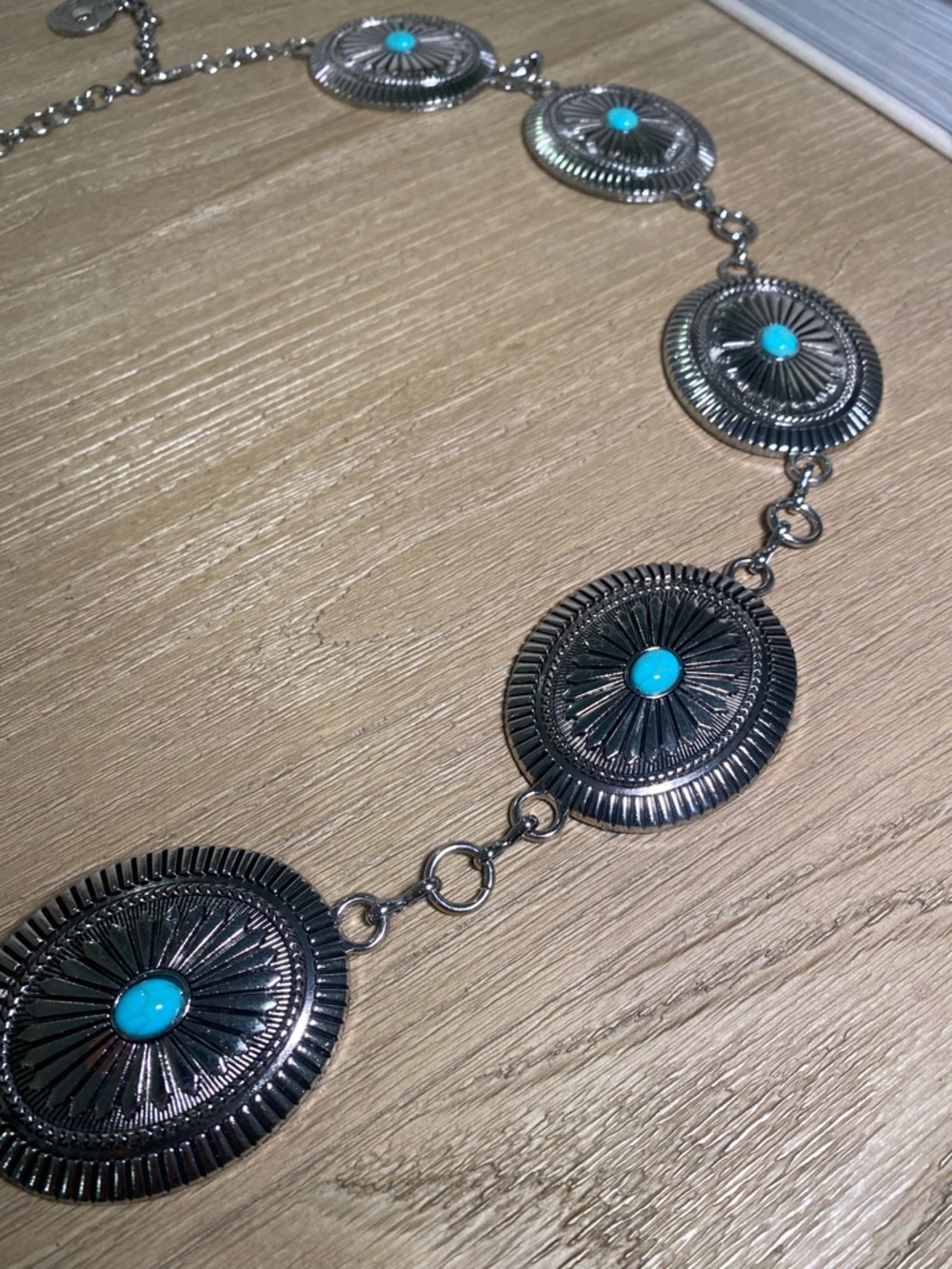 Silver Tone Turquoise Oval Cowgirl Concho Chain Belt - Picture 2 of 3